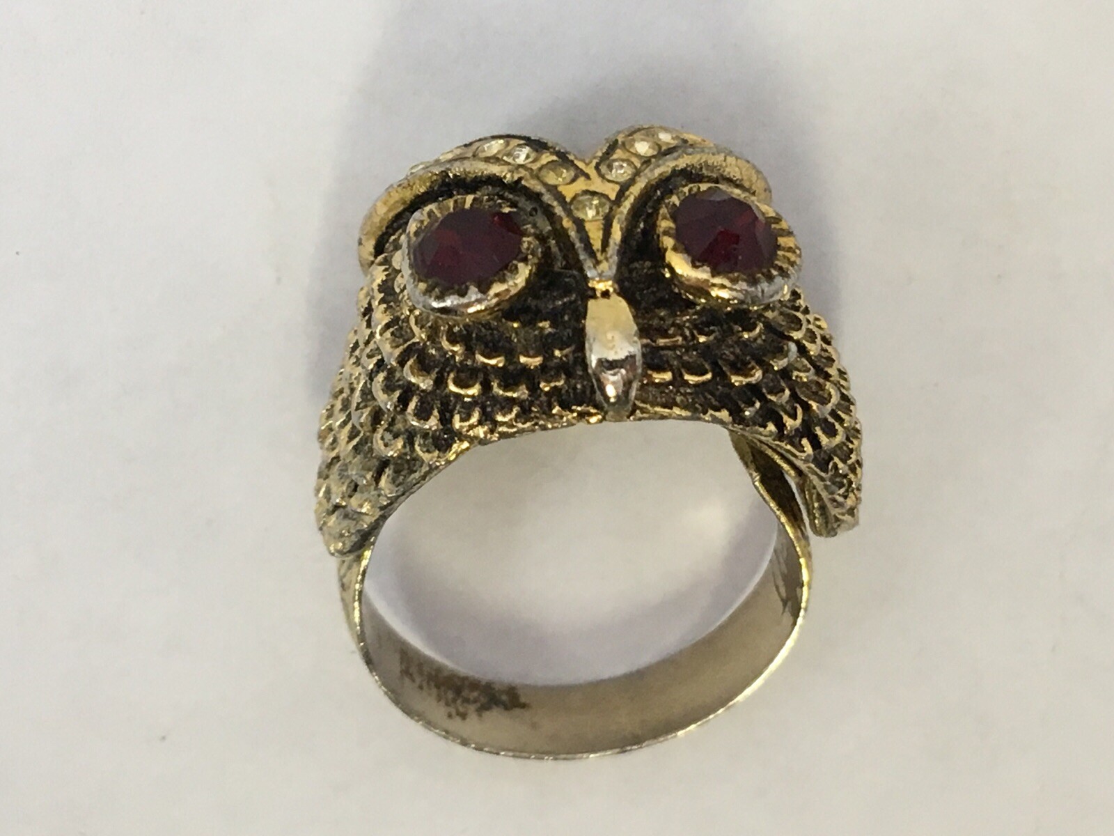 Owls Head Ring Red Eyes Golden US Size 7 17.5 MM Wrap Adjustable Vintage