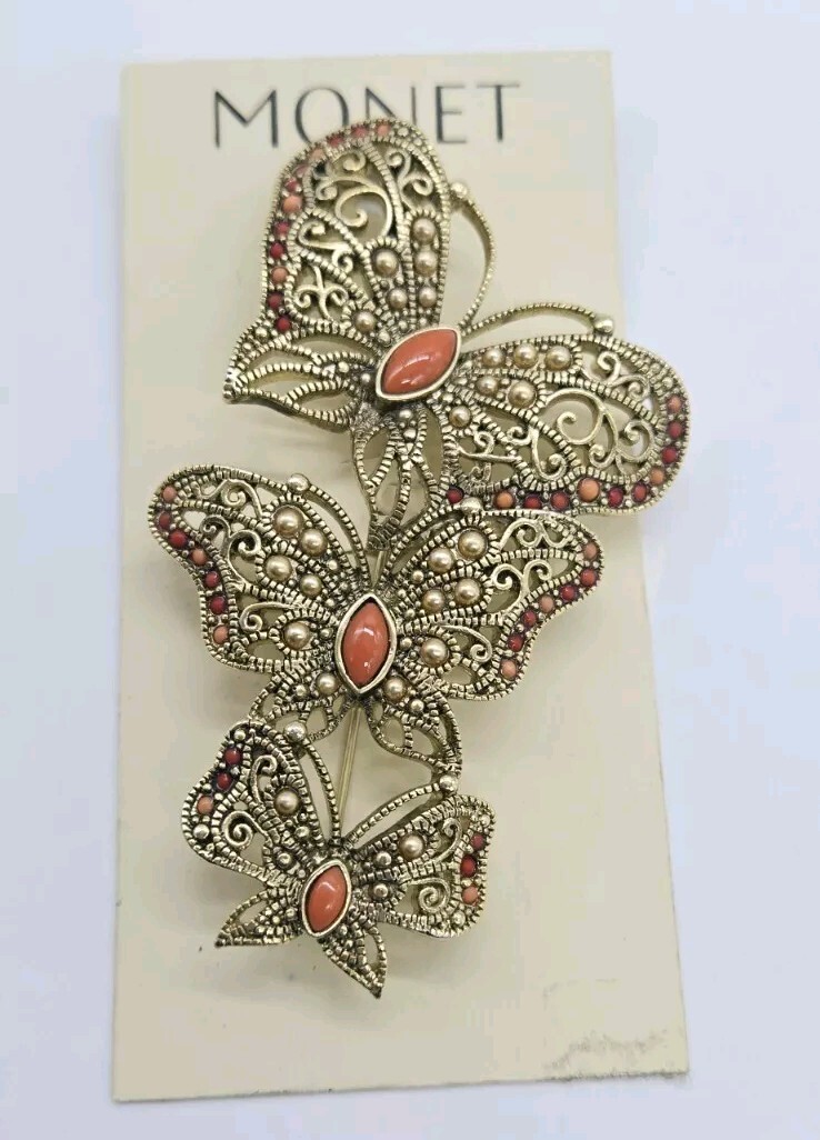 Monet Brooch Three Huge Butterflies Faux Coral Gold Tone 3.5 in Signed Vintage