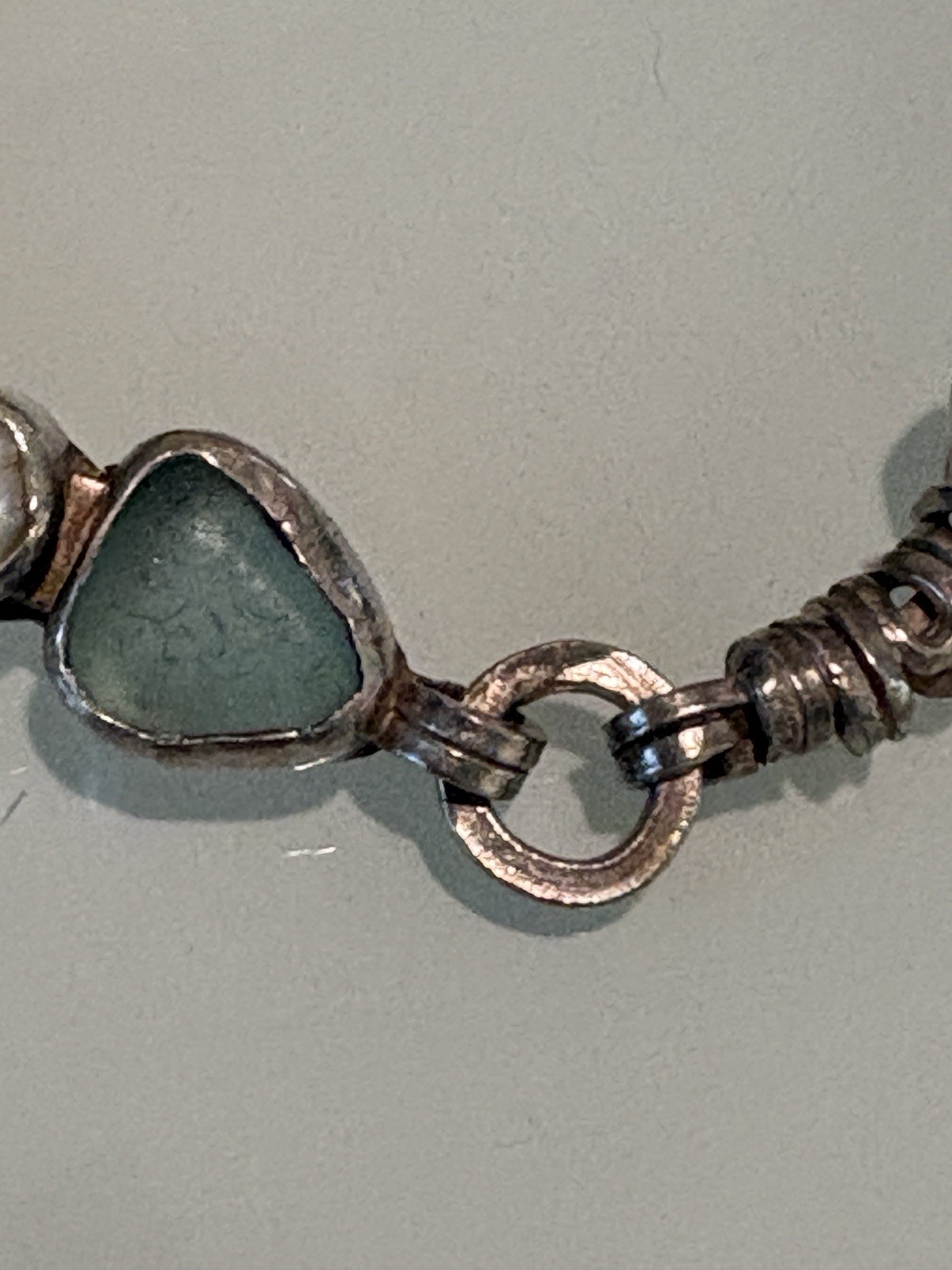 VTG 925 Sterling Silver, Blue Seaglass And Pearl Bracelet 7.5 Handmade 22 Grams