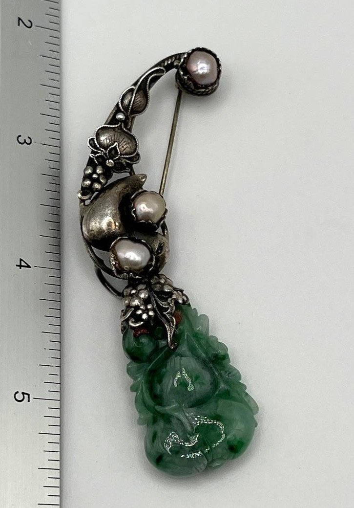 Estate Vtg Chinese Export Carved Green Jadeite Jade 925 Sterling Silver Brooch