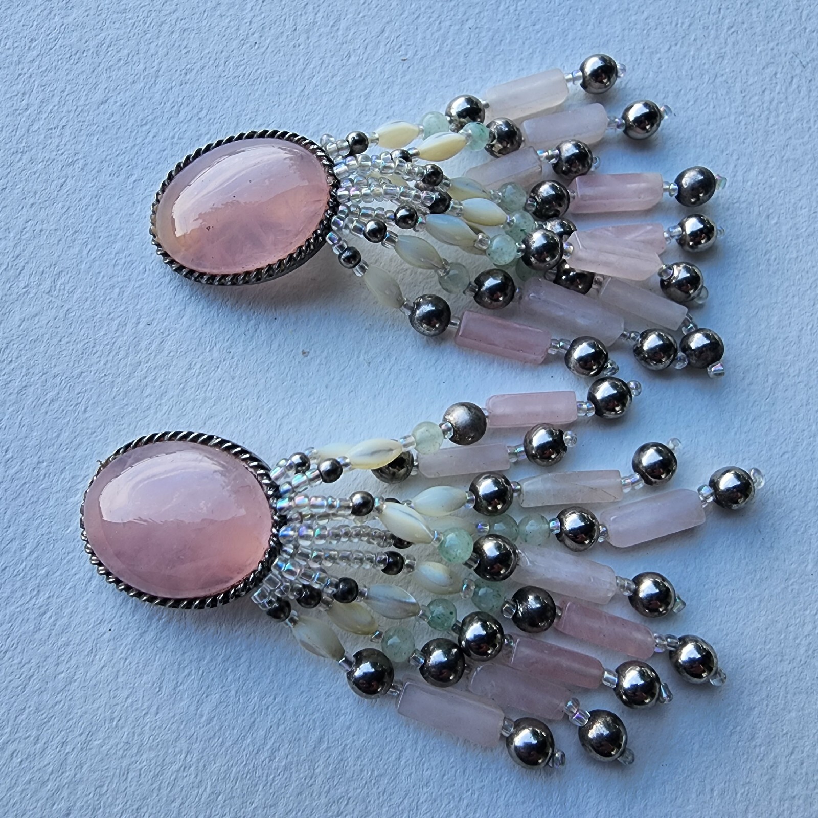 Boho Western Vintage Rose Quartz Cabochon Mother Of Pearl Bead Dangle Clip Gift