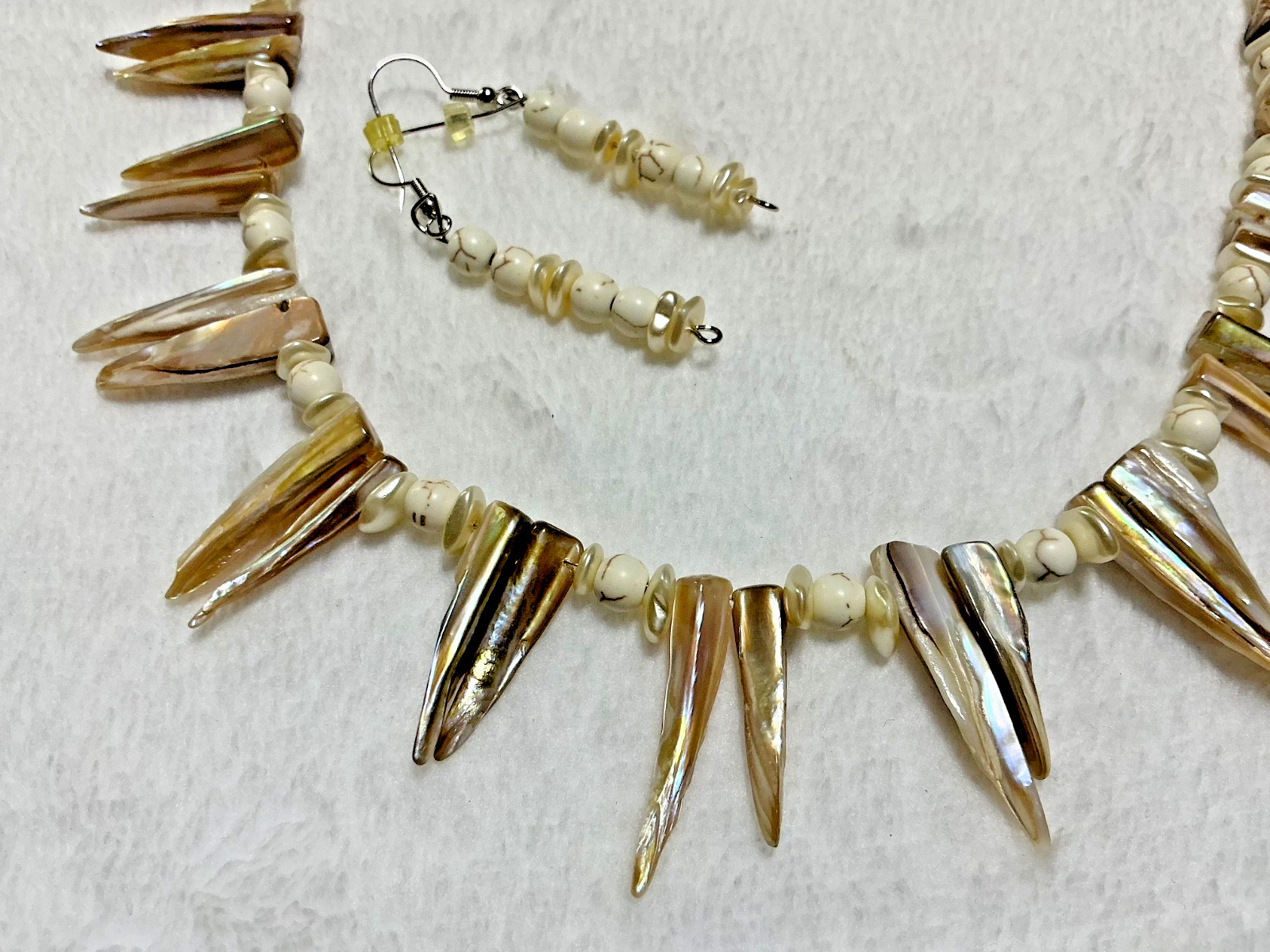Vintage Handmade Abalone Shell Spikes Beaded Necklace Earring Set