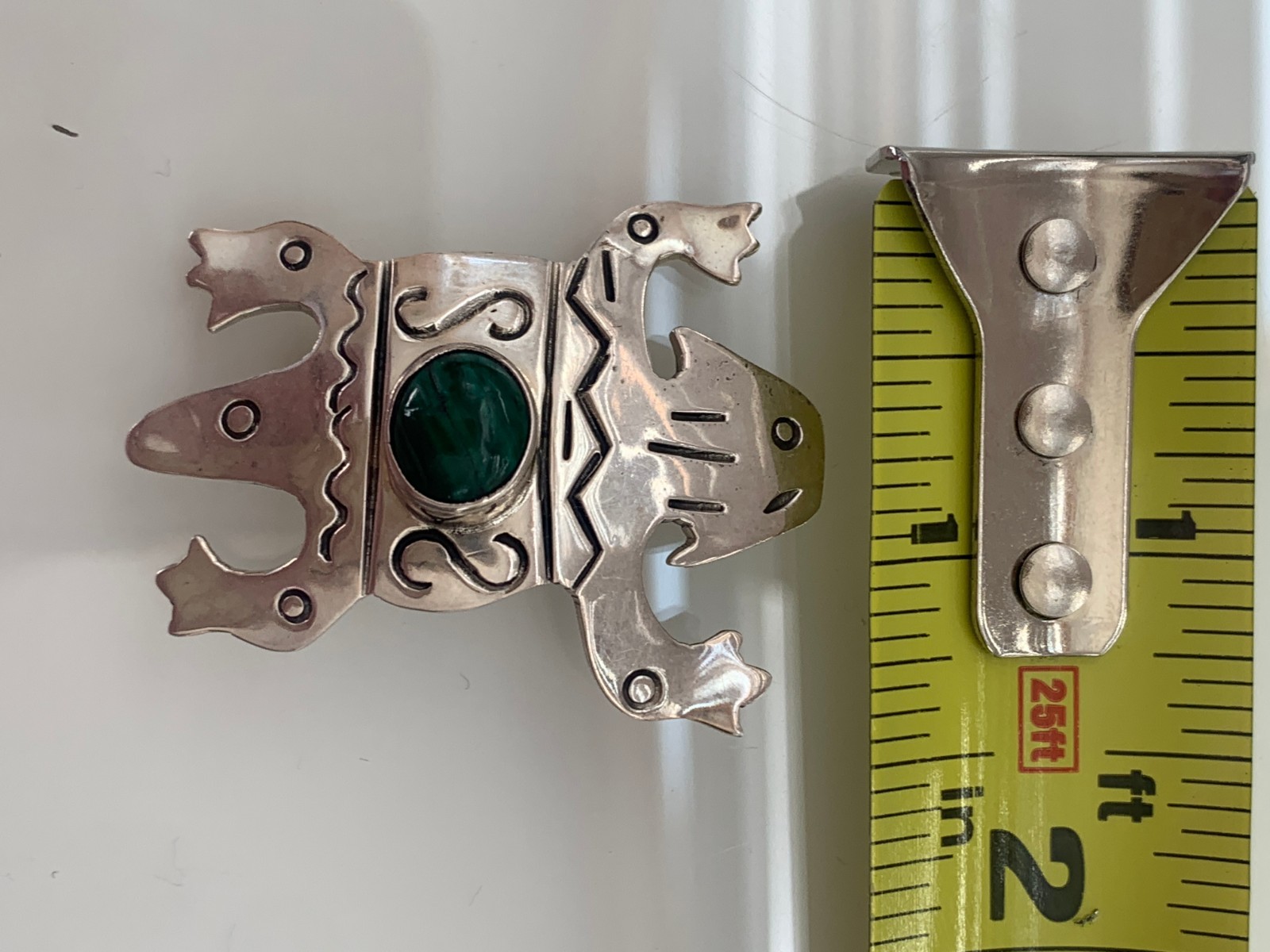 FORBES 925 Sterling Silver Vintage Pre-Columbian Deity Brooch Pin Green Stone