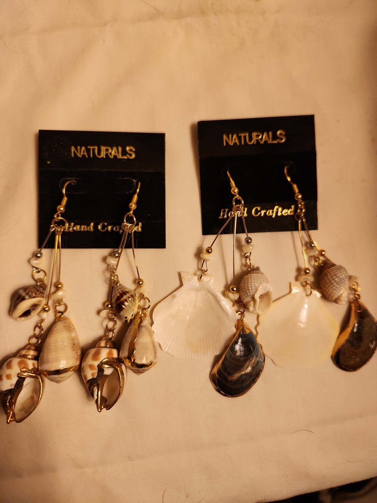 Vtg Sea shell gold trim foil natural estate Dangle Earrings 4″ Jewelry Lot of 2