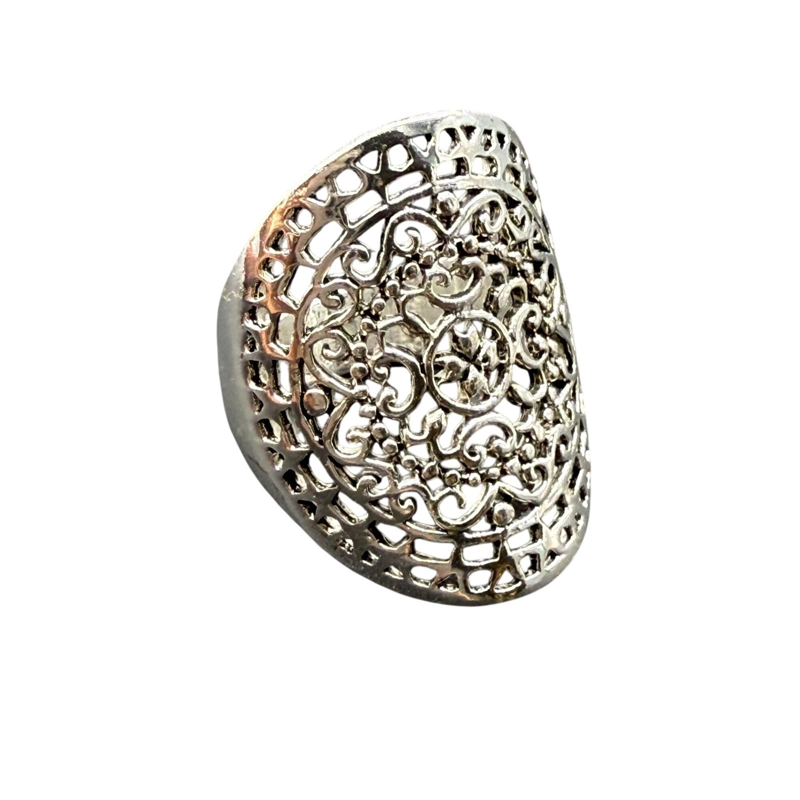 Vintage CW Sterling Silver Oval Filigree Flower Leaf Ring Size 7 Silver Tone Ret