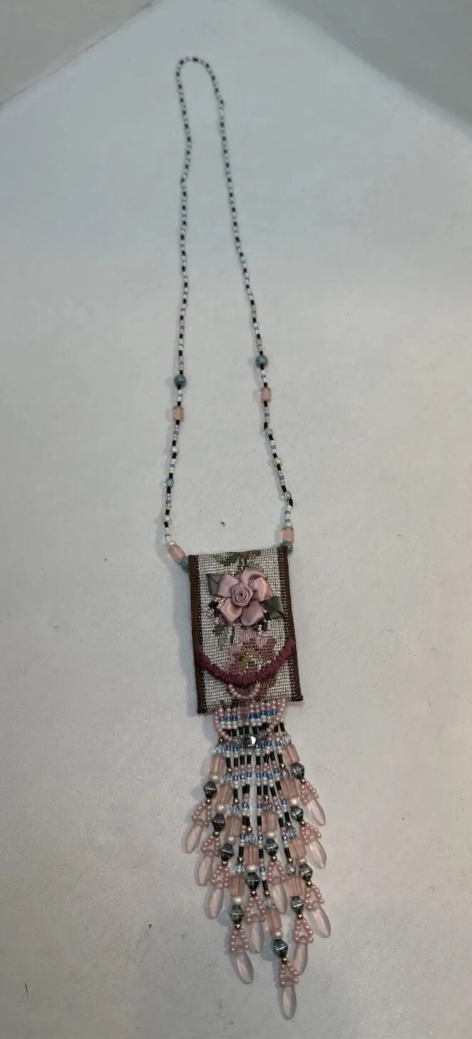 Vintage Needlepoint Handmade Purse Seed Bead Necklace Beaded Fringe-Bo Ho-Hippie