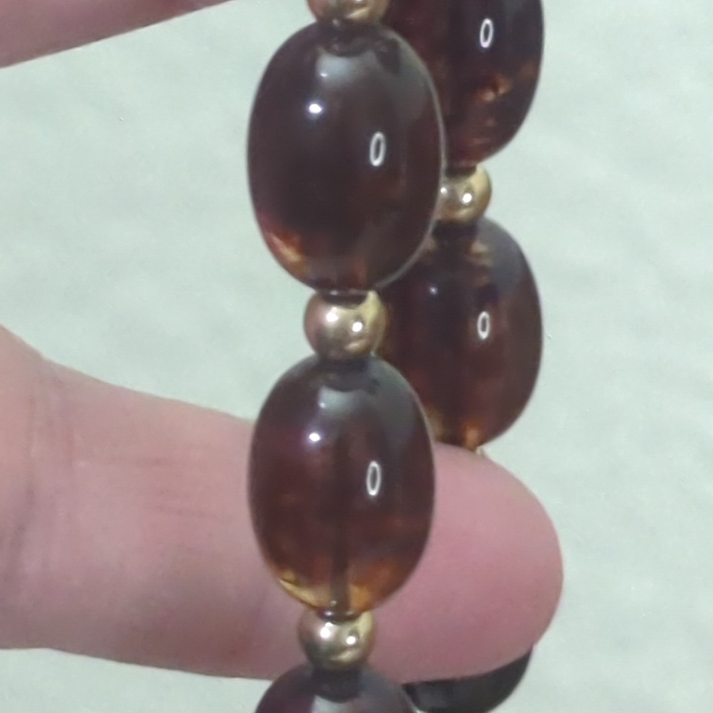 Vintage Avon Cognac Faux Amber Lucite Beaded Necklace Gold Tone Accents