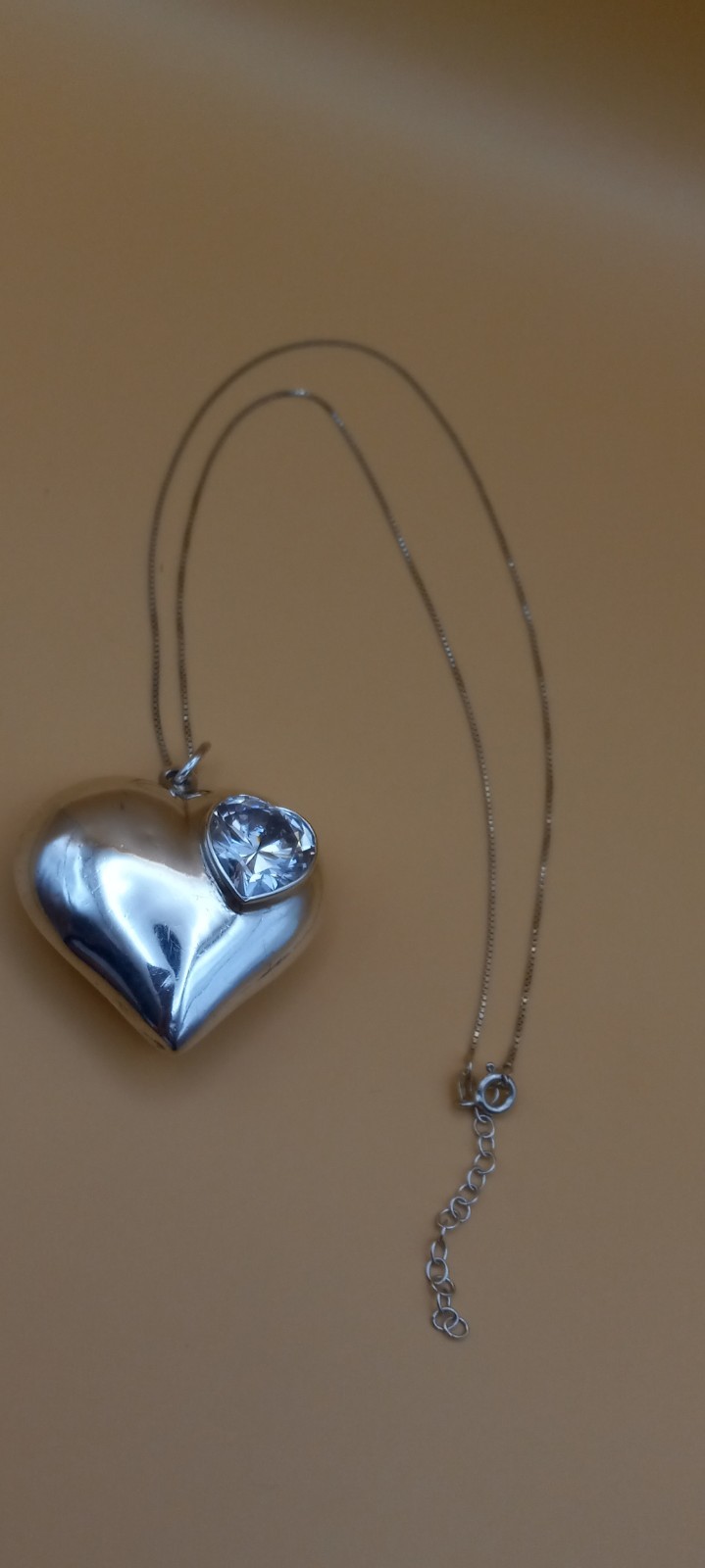 Vintage Sterling Silver 20in Box Necklace W/big Puff Heart W/big Cubic Zirconia