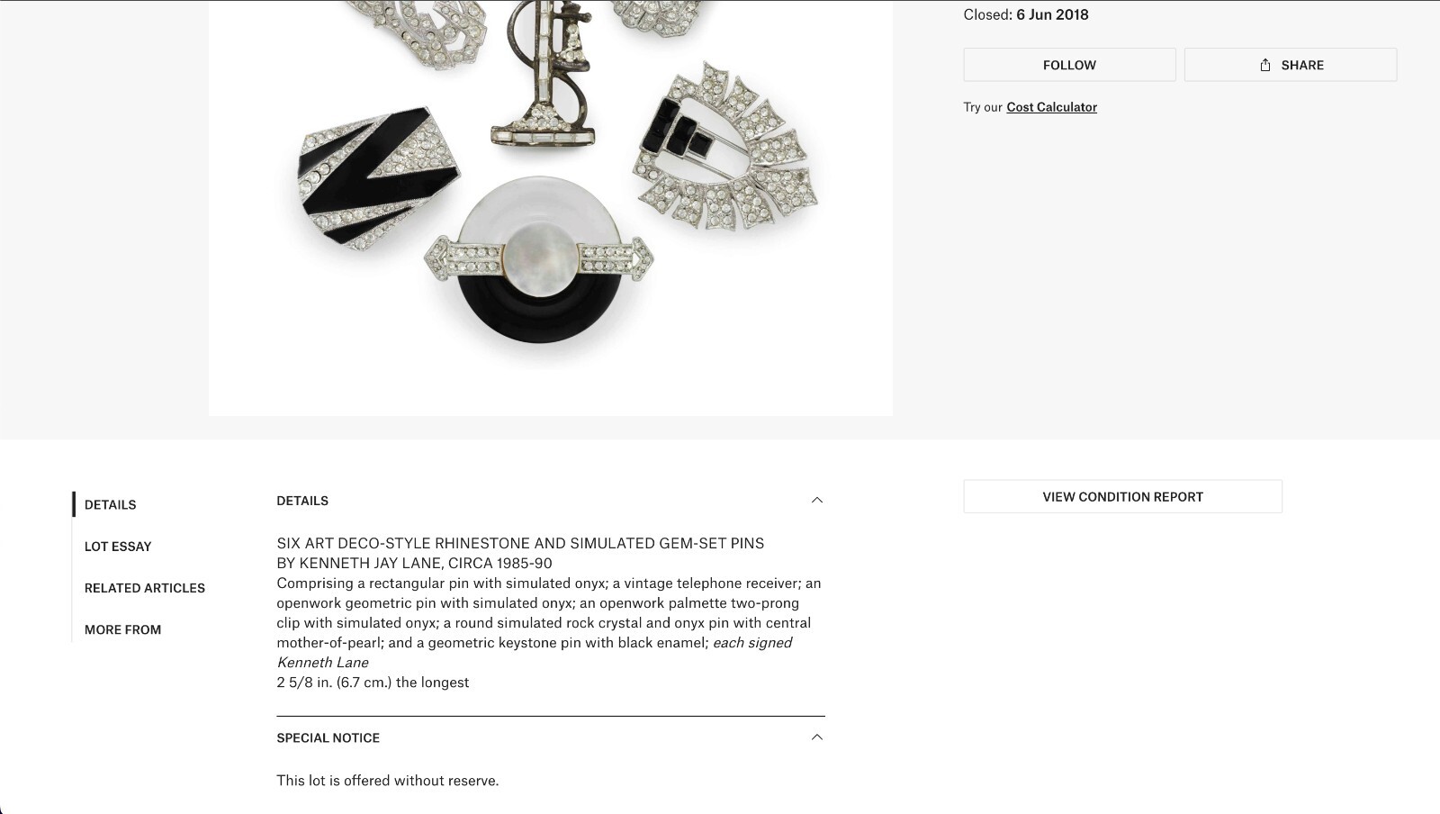 RARE From Kenneth Jay Lanes Private Archive/Christie’s Auction Set of Six Pins