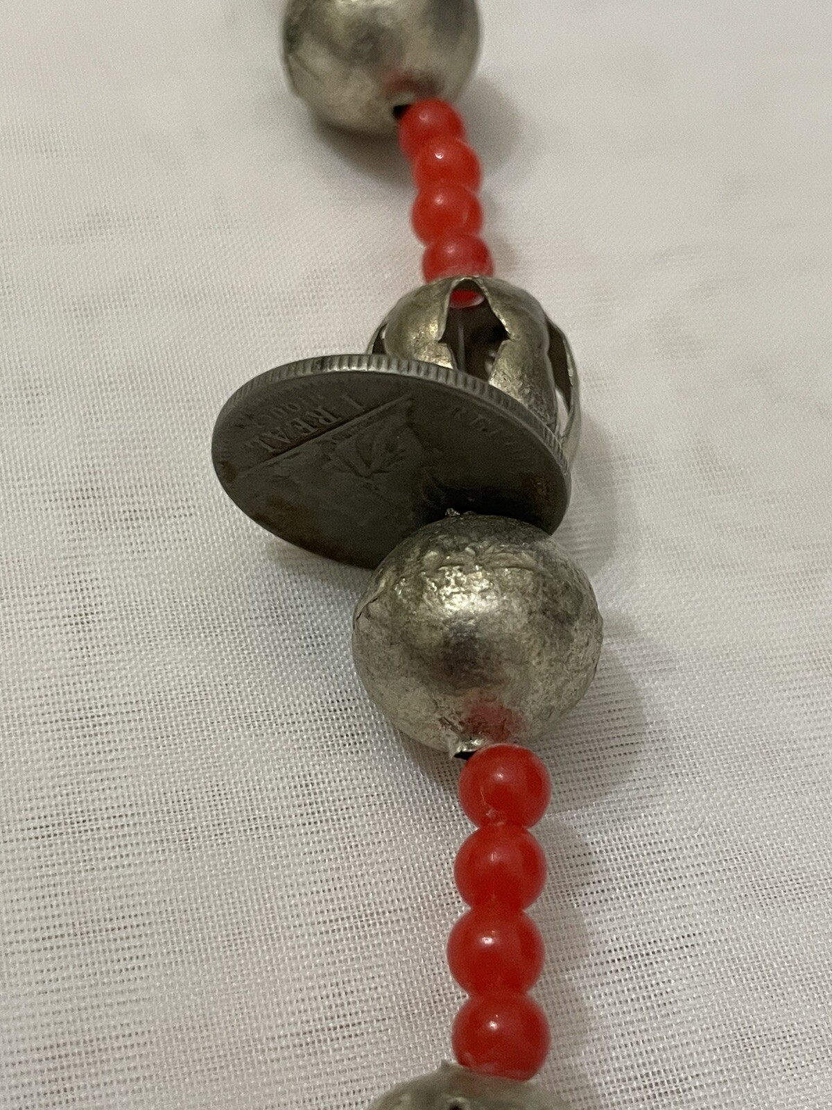 Vintage Guatemalan 26” Silver Coin Chachal Necklace With Red Glass Trade Beads