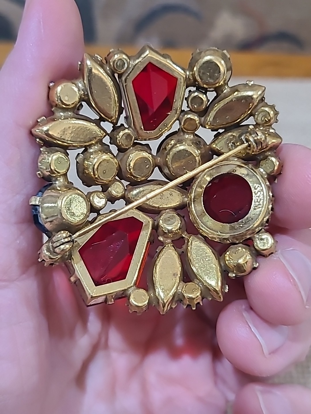 Vintage WEISS Green Red Multi Rhinestones Gold Tone Brooch Signed Estate Costume