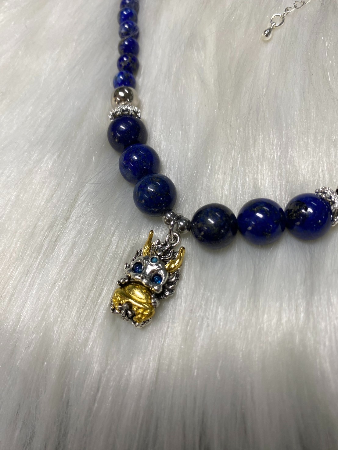 Natural Lapis Lazuli Beaded Necklace with Chinese Dragon Pendant Protection Amul