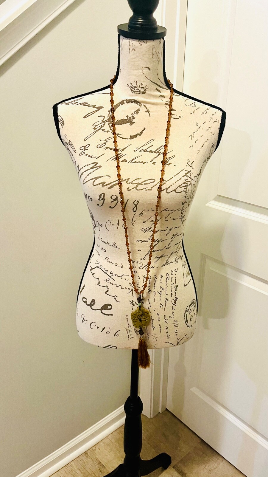 Vintage MCM Jade Pendant Necklace With Amber Glass Beads & Silk Tassel, STUNNING
