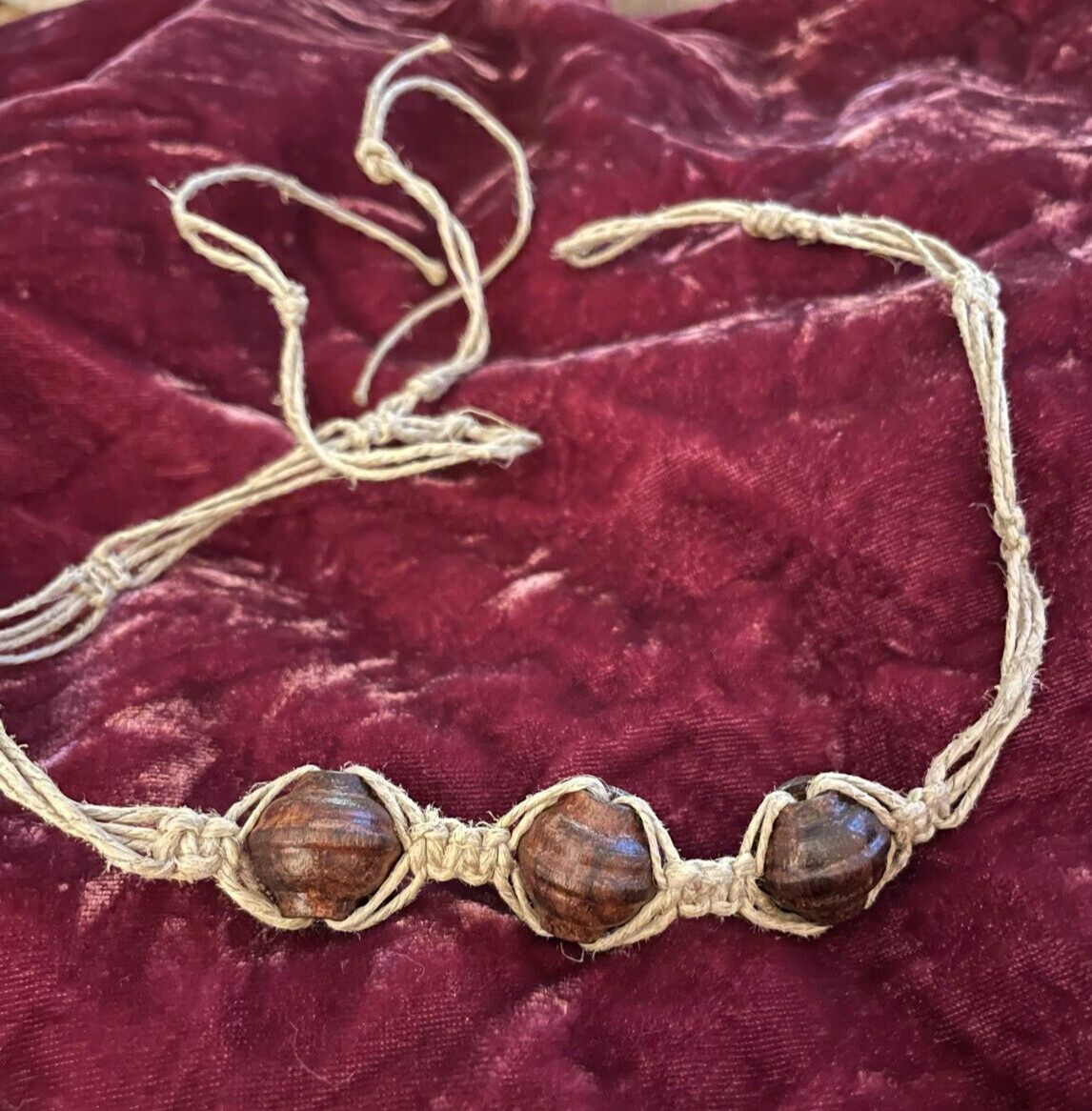 Vintage Hemp and Wood Bead Choker Necklace