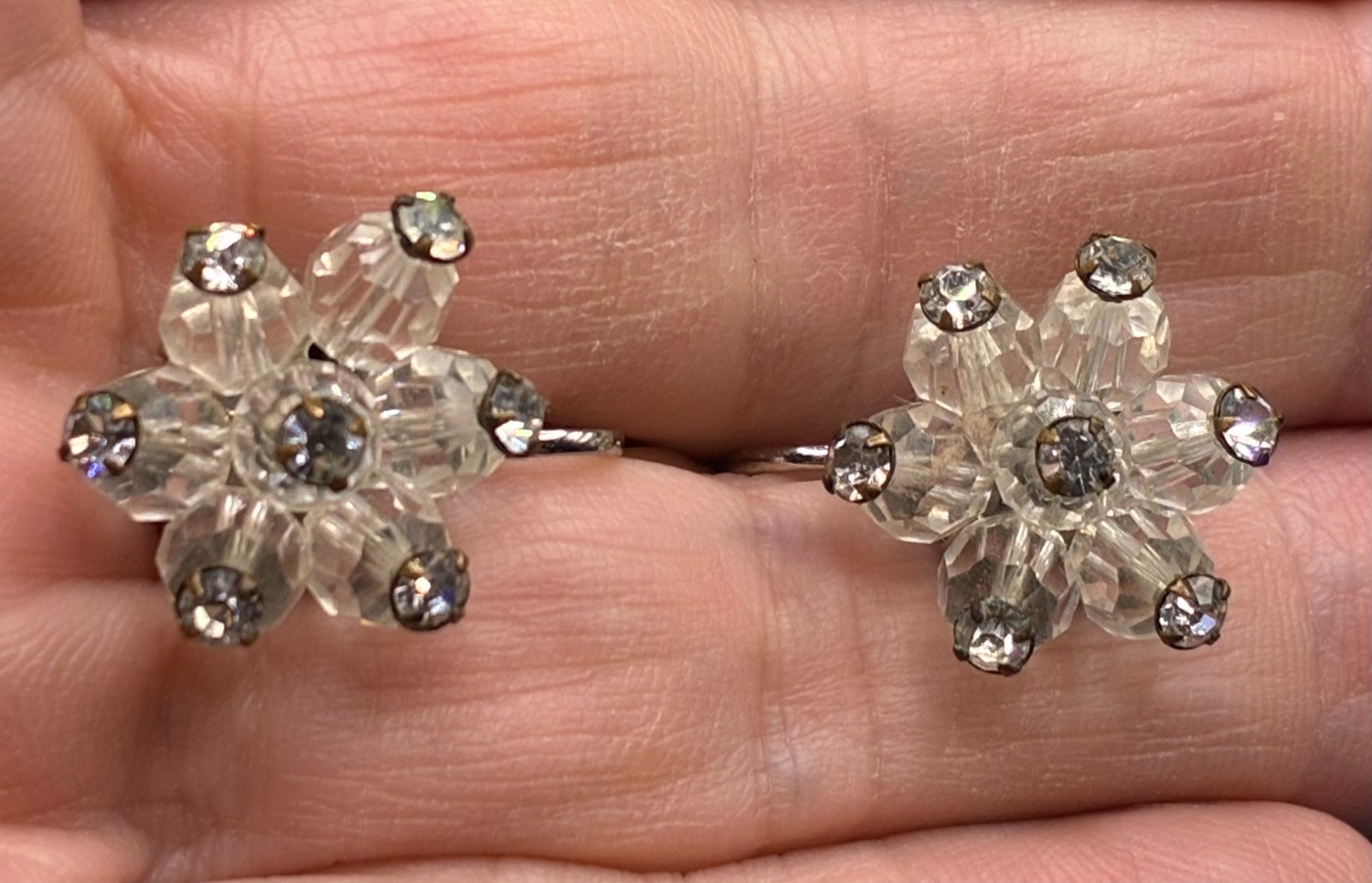 VTG Gold Tone Earring Lot 7 Clip On Zentall Bergere Unmarked AB Rhinestone READ