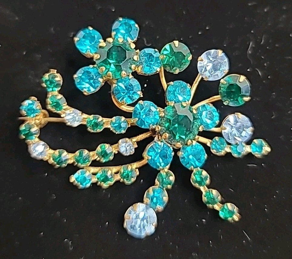 Vintage Austrian Teal Green Light Blue Floral Brooch W/Matching Clip Earrings