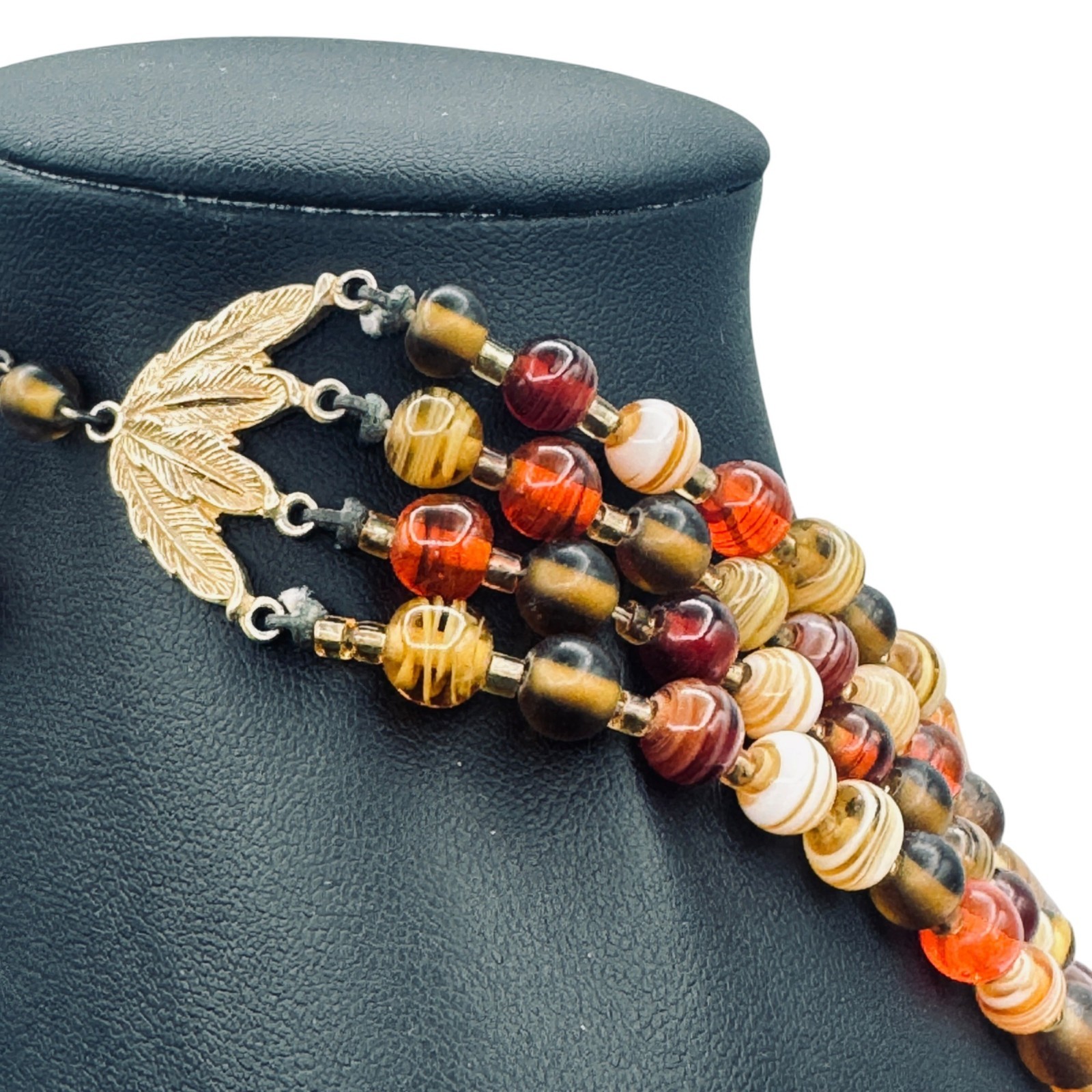 Vintage Multi-Strand Glass Bead Bib Necklace Handmade Lampwork Fall Colors