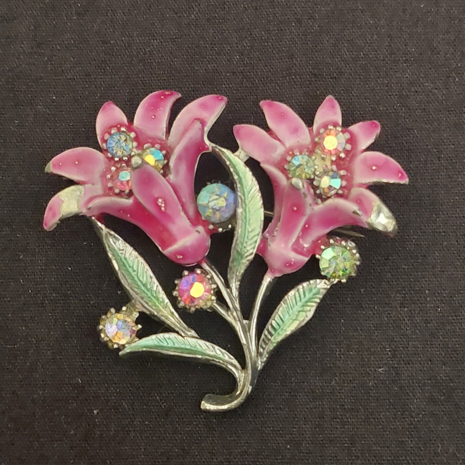 Vintage British Pink Green Guilloche Enamel Lily Rhinestones Flower Brooch