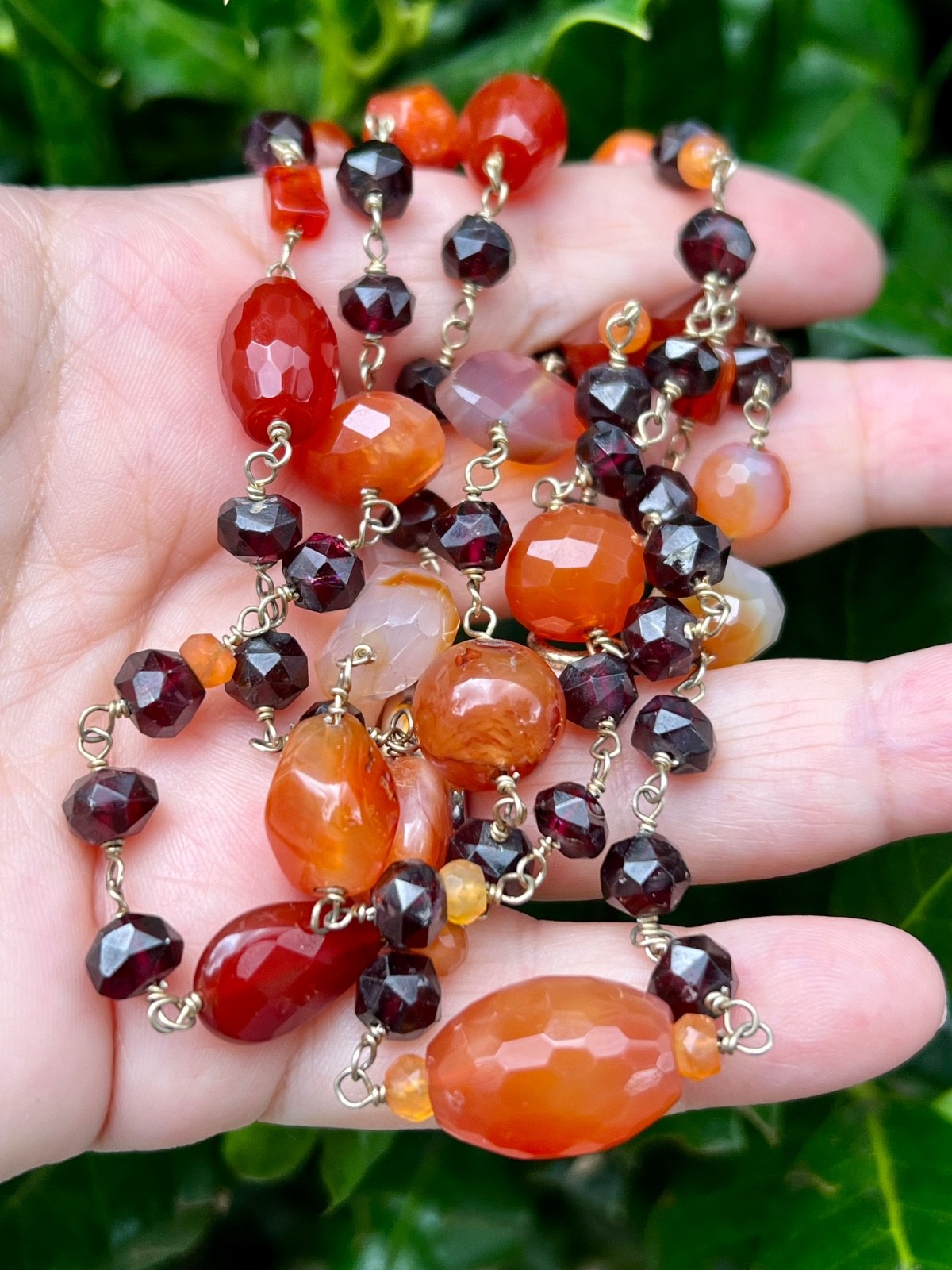 VINTAGE AGATE RHODOLITE GARNET 925 STERLING SLVR LONG STATION STATEMENT NECKLACE