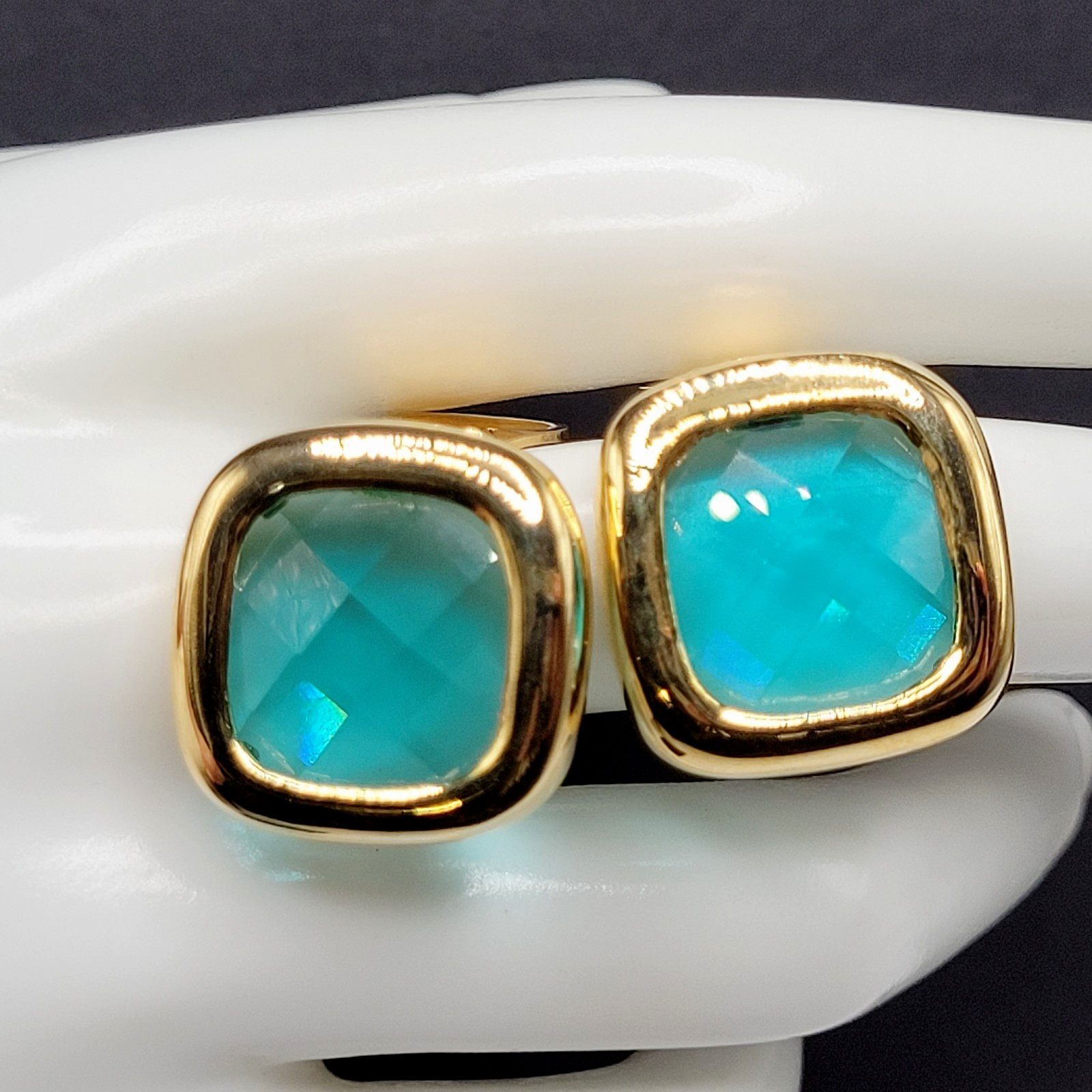 Aqua Light Blue Green Faceted Glass Soft Square Gold Tone Bezel Clip On Earrings