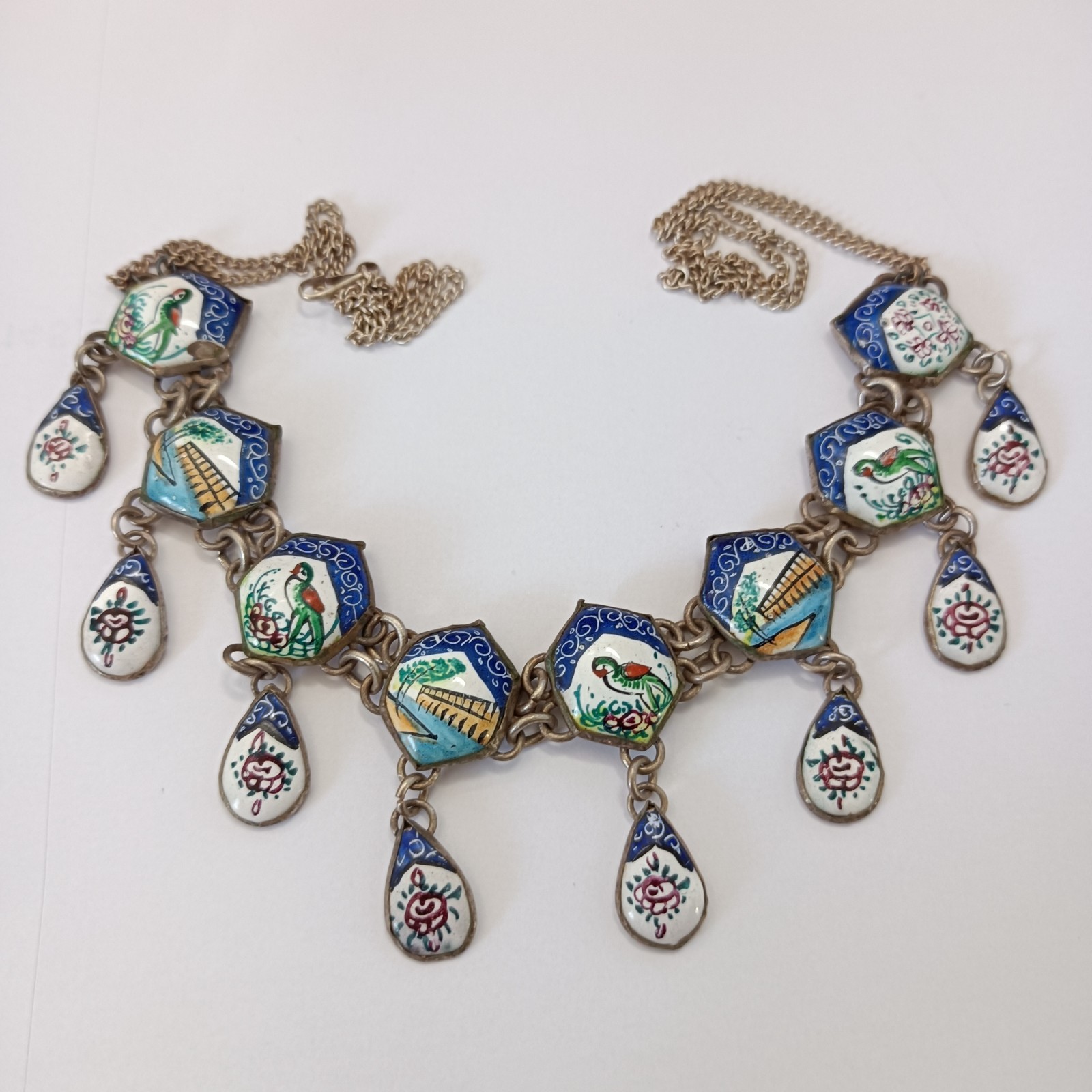 Boho Folk Art Middle Eastern Enamel Chandelier Necklace Blue Birds Landscape VTG