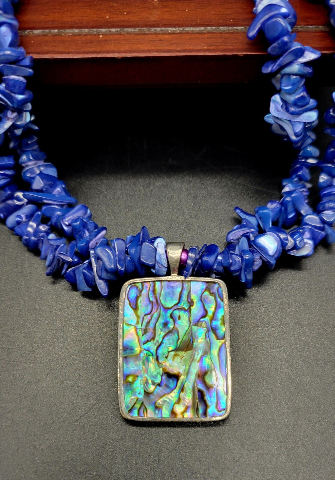 Double Strand Lapis Lazuli w/ Sterling Silver & Abalone Shell Pendant 16″