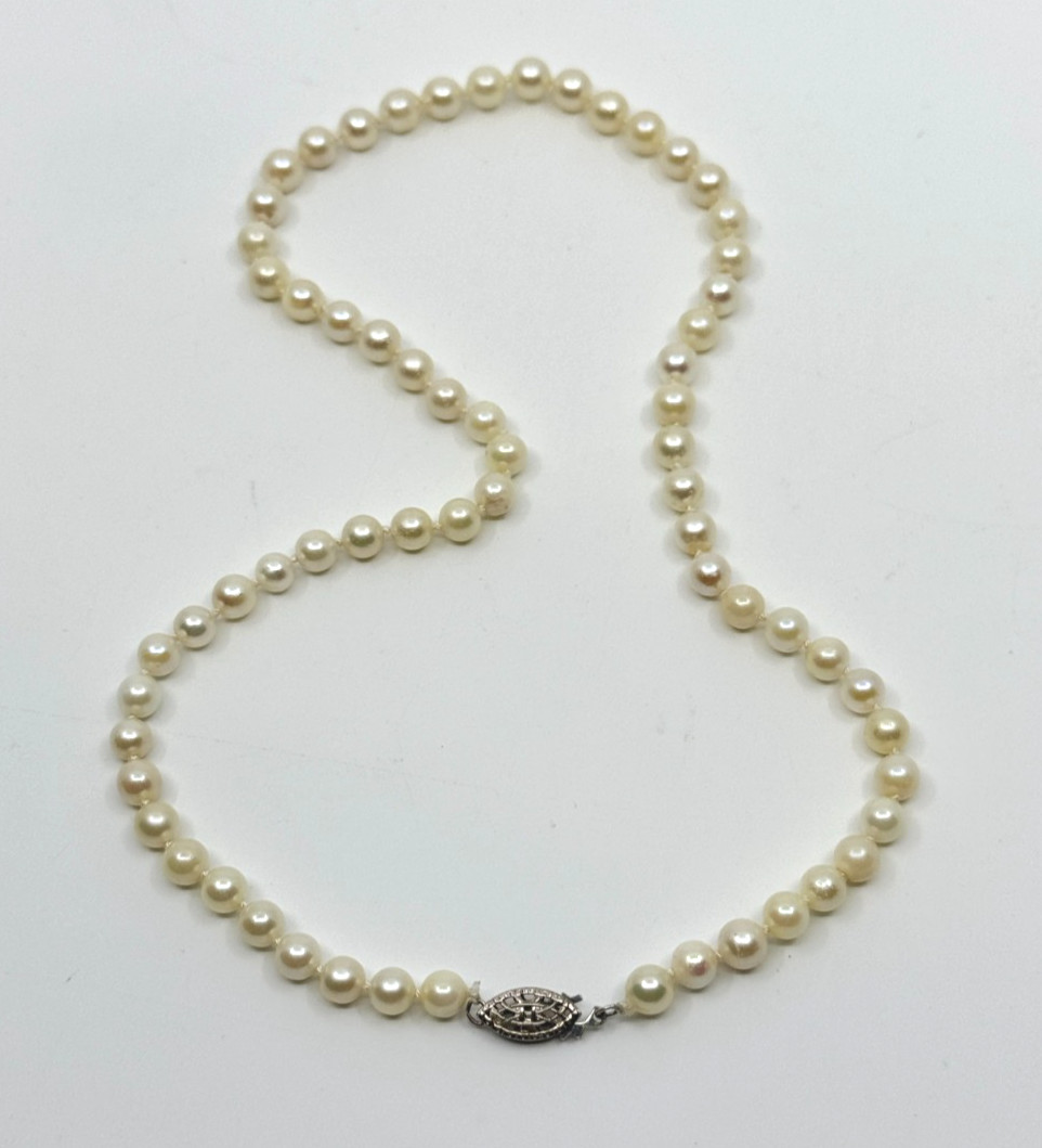 Vintage 6mm Sterling Silver Saltwater Japan Akoya Cultured Pearl Necklace 17.5″