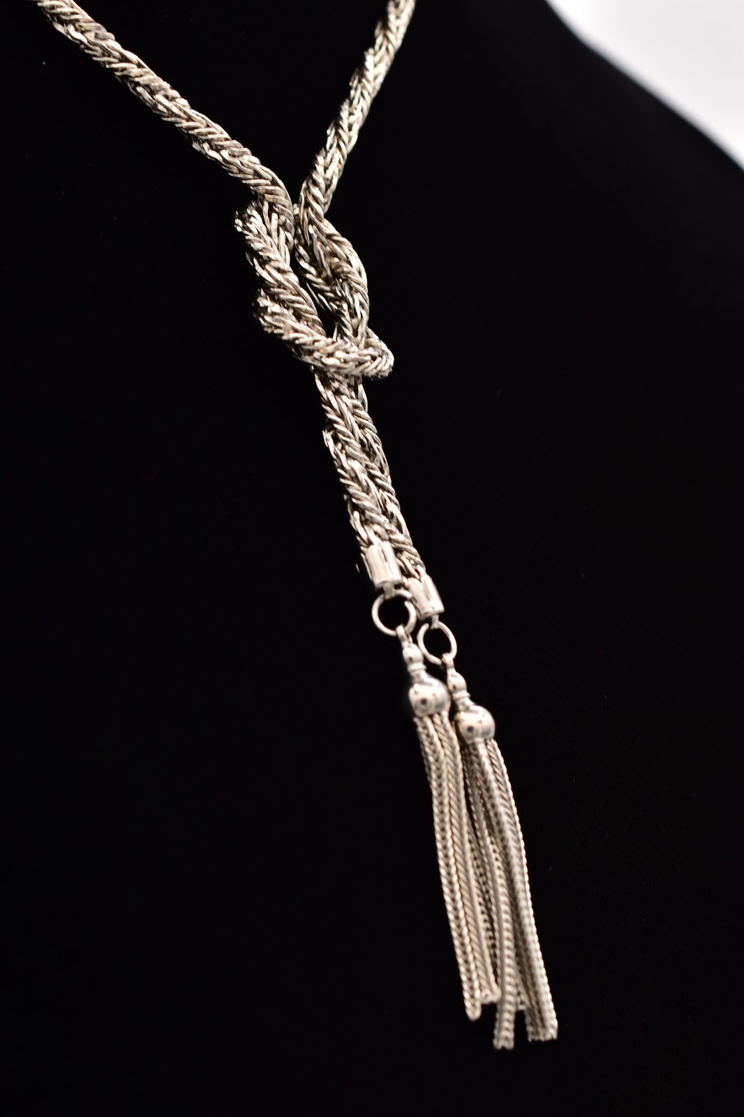 Vintage Silver Rope Knot Tassel Chain Necklace Statement Pendant 1980s BinBE