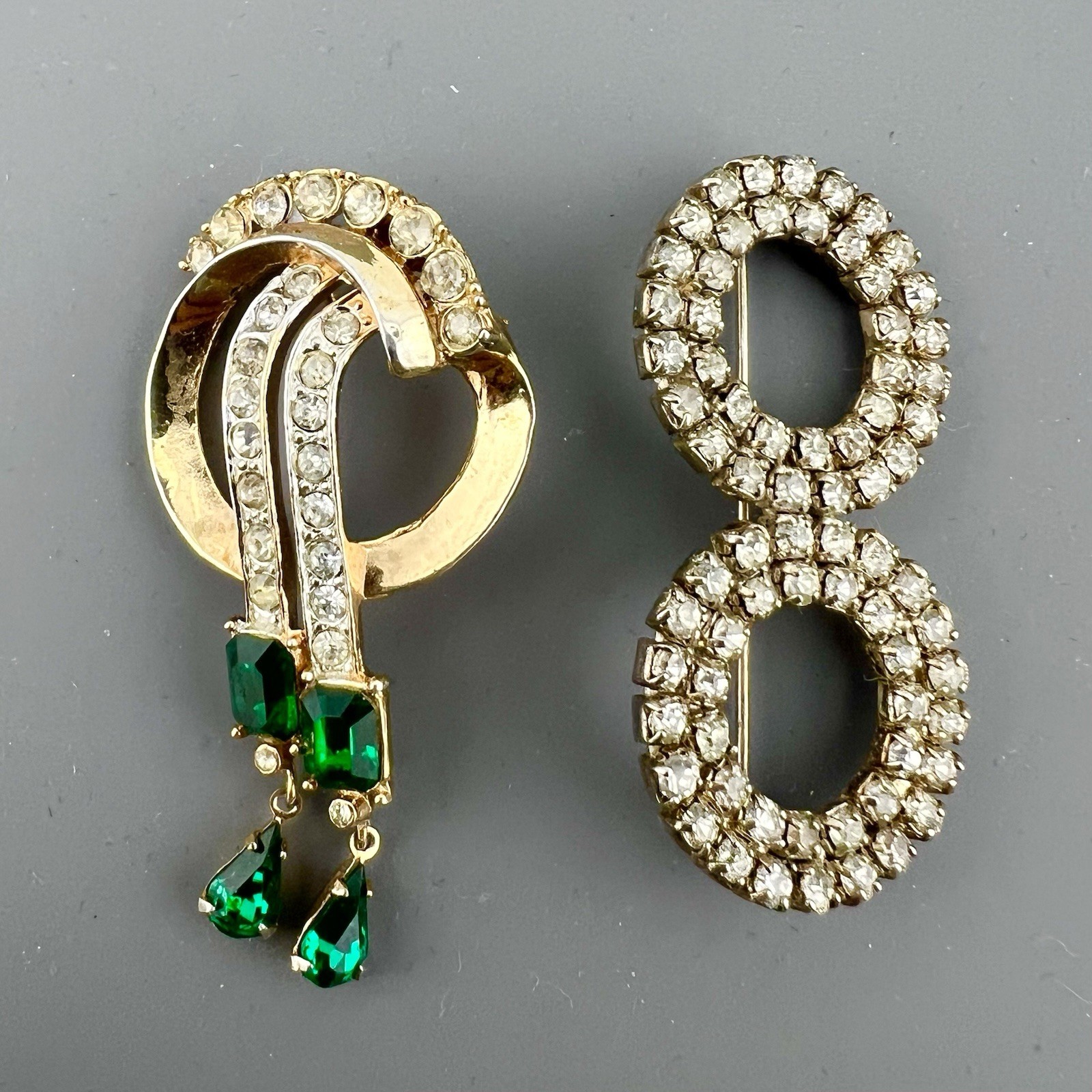 Vintage Brooch Lot Rhinestone Dangle Green Circle Abstract Gold Tone Coro Signed