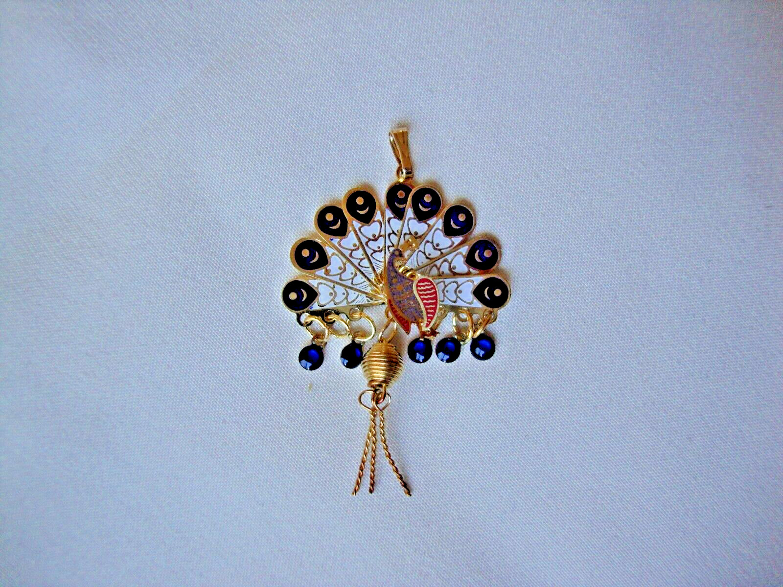 Vintage Folding Peacock Fan Purple Red Blue & White Enamel Gold Plated Pendant