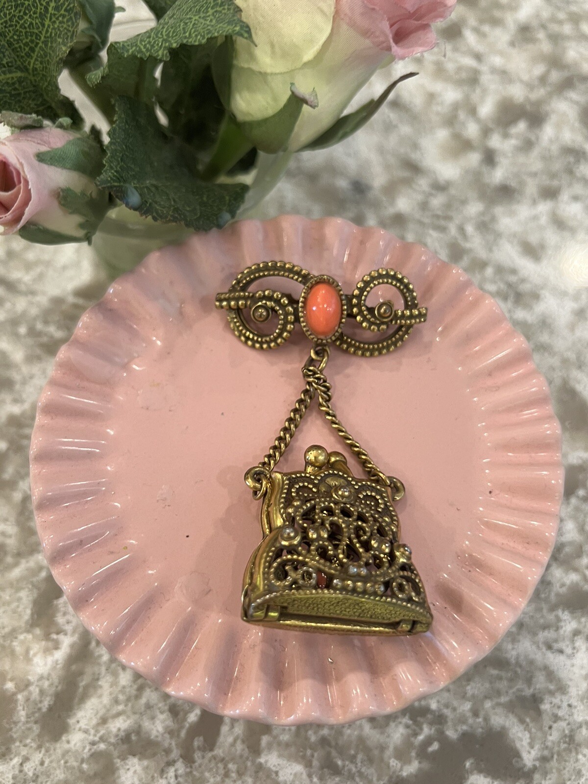 Pin Brooch Filigree Purse Coral Color Stone Dangle Pin