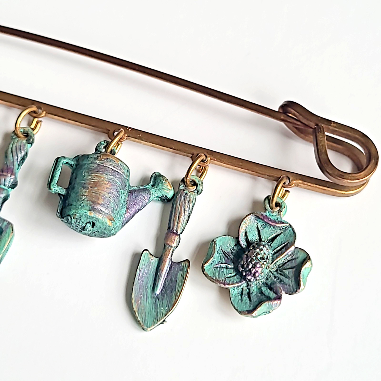 Vintage Gardening Charm Dangle Brass Safety Pin Brooch Handmade Metallic Garden