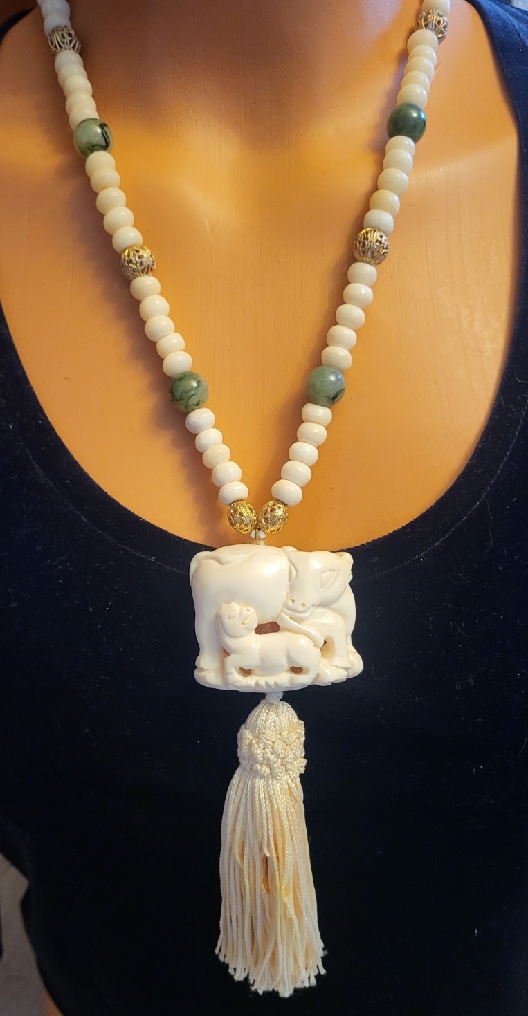 Vintage Ox & Calf Celluloid Netsuke Bead Tassel Necklace 22 Inches 5.5 Inch Drop