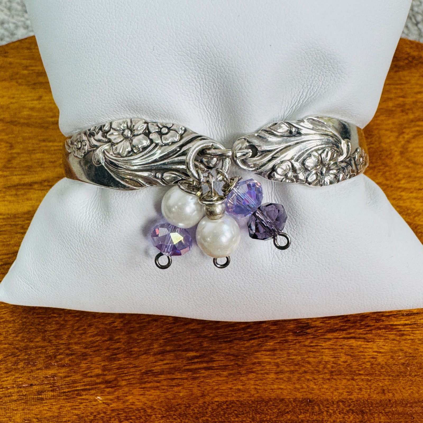 Vtg Silverware Double Handle Floral Bangle Silverplate Bracelet Purple & Pearls