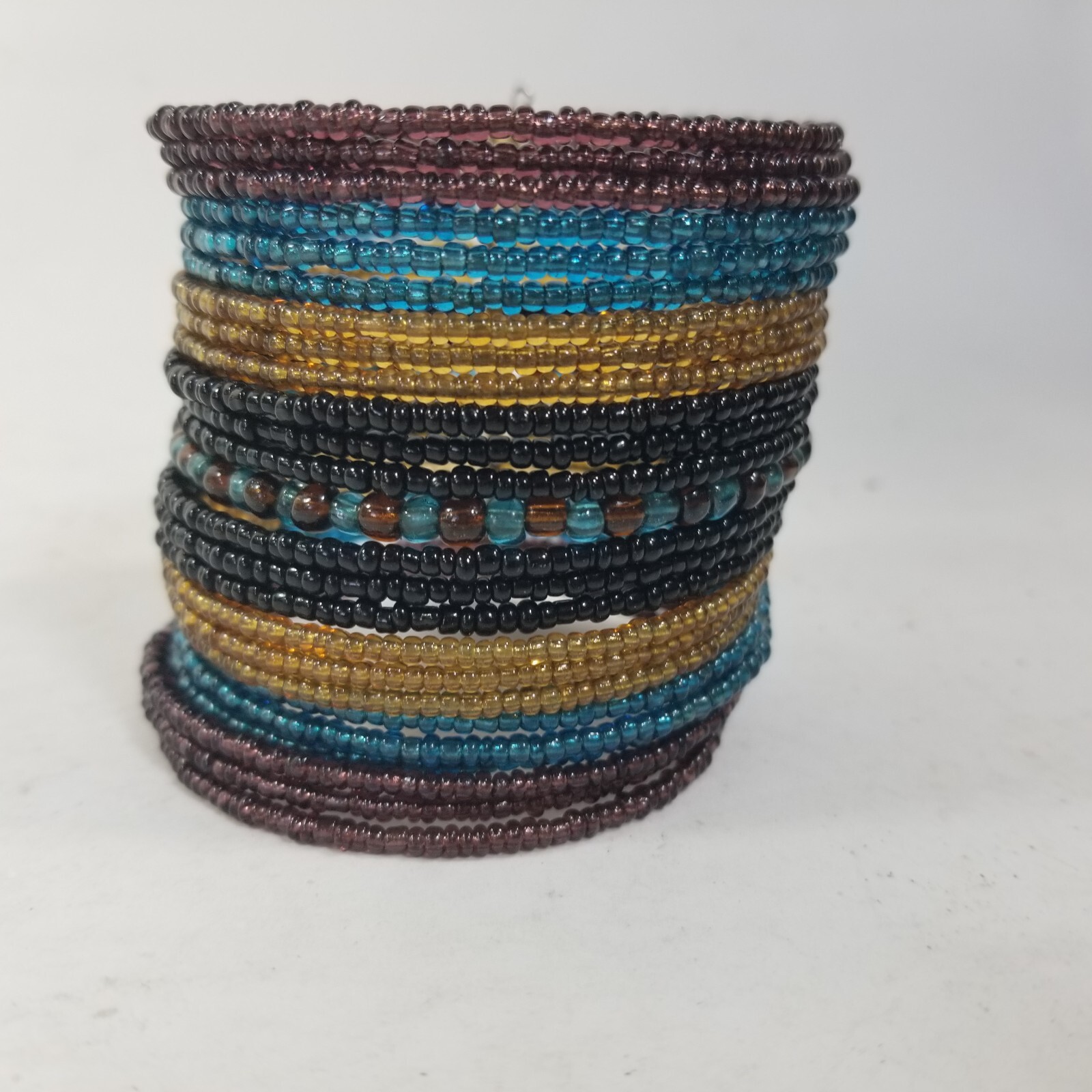 Seed Bead Cuff Bracelet Blue Yellow Black Boho Extra wide