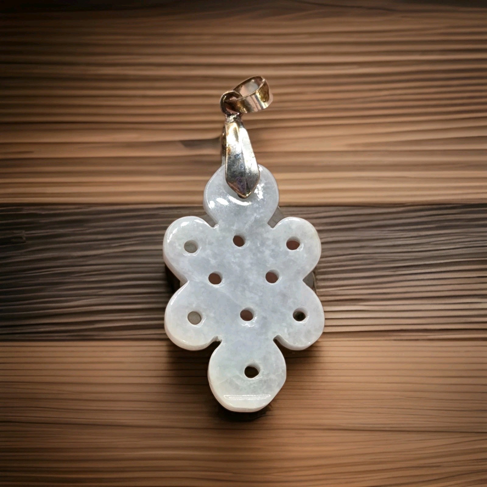 Vintage Asian Natural White Jade Casved Silver Pendant