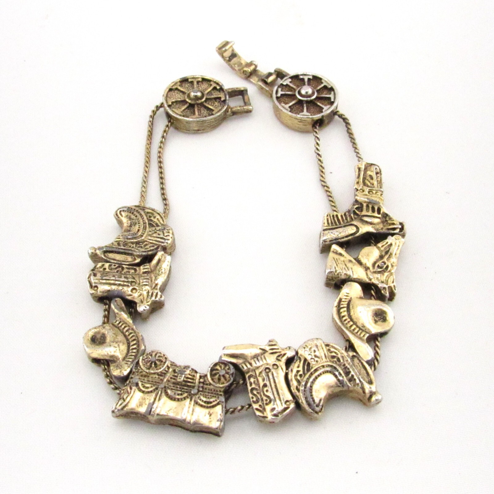 Vintage Western Horse Saddle Boot Equestrian Slide Charm Bracelet Gold Tone