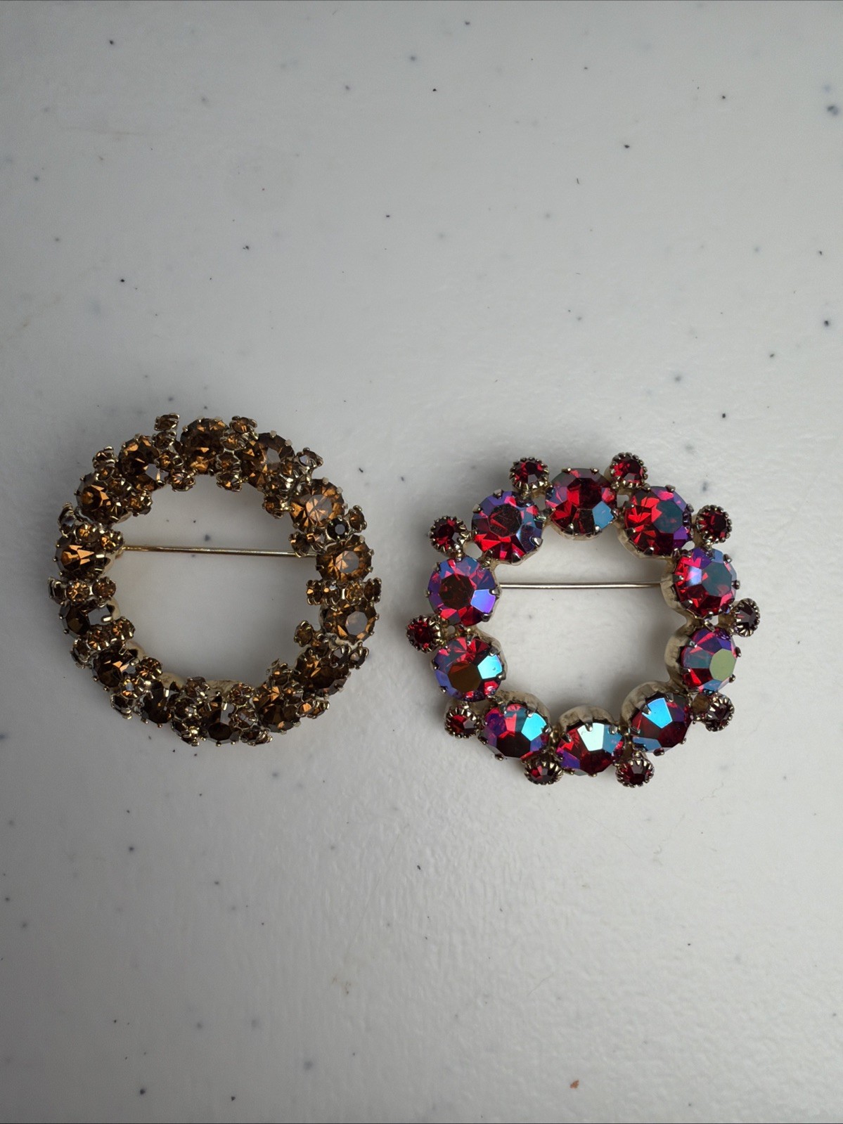 Lot Of 2 Signed Weiss Rhinestone Wreath Brooches AB Red And Smoke Topaz Vintage