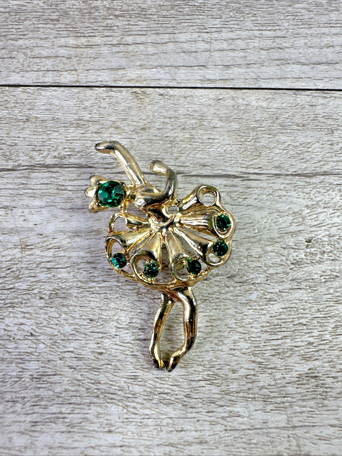 Unbranded Ballerina Brooch Gold Tone Dark Green Rhinestones