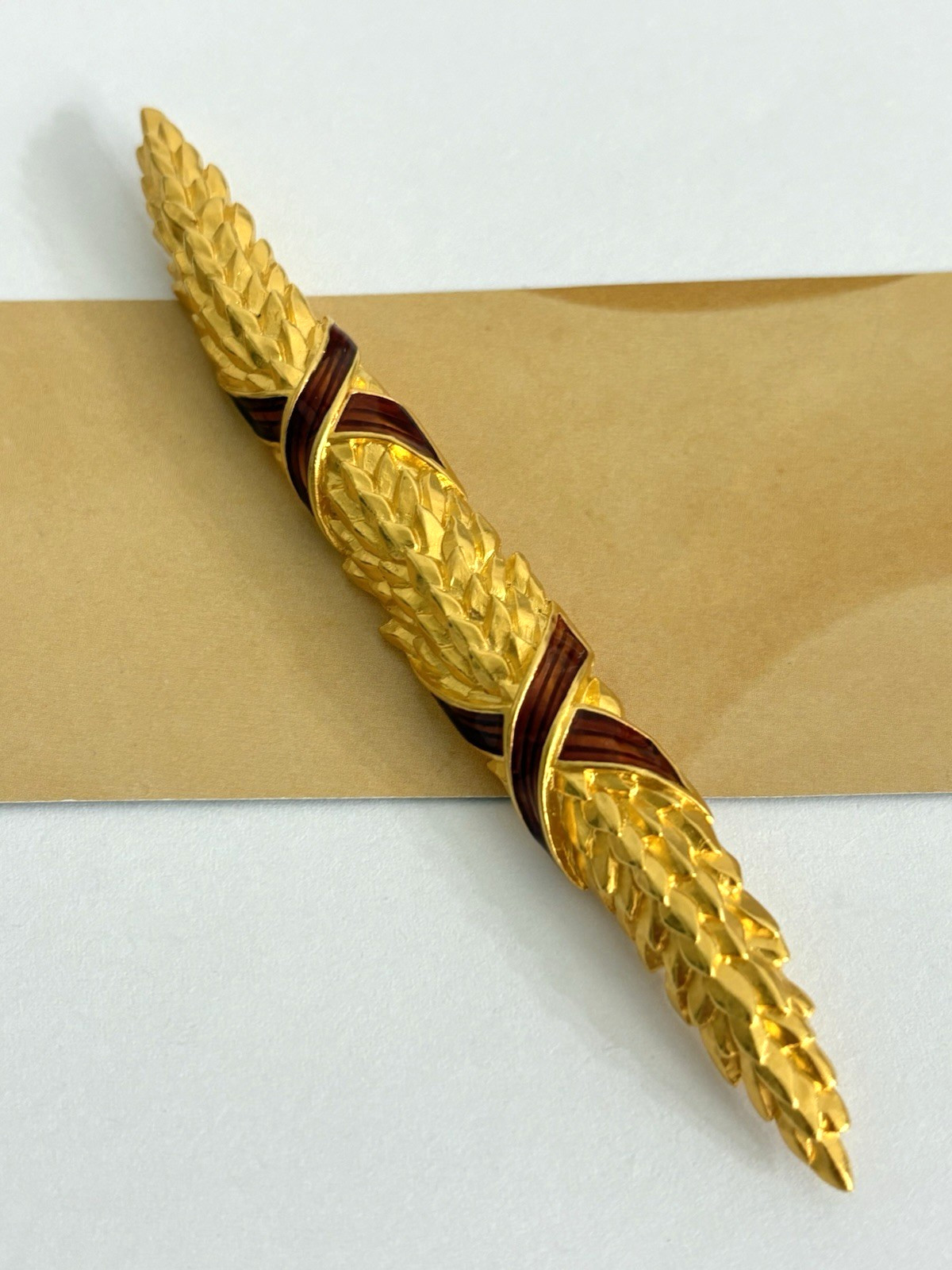 Vintage Karl Lagerfeld Wheat Brooch Brushed Matte Gold Tone Finish Red Enamel