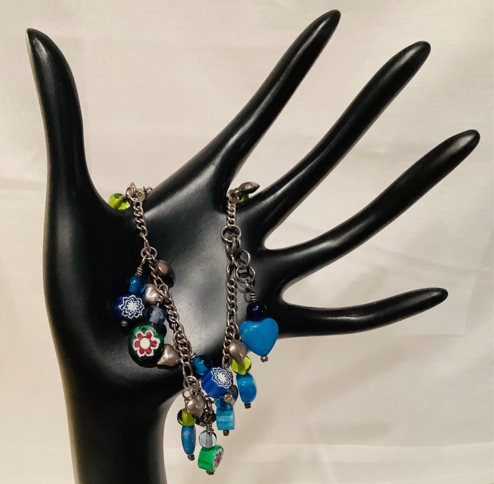 Vintage Sterling Charm Bracelet Puffed Hearts Millefiori Glass Hearts & Flowers