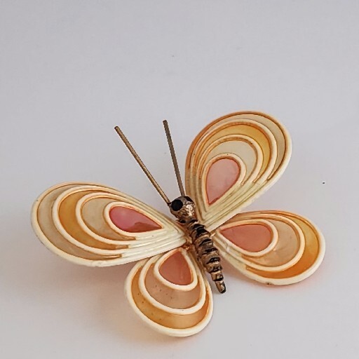 Vintage Orange Pink Woven Bamboo+ Resin Enamel Butterfly Brooch Pin~Figural Boho