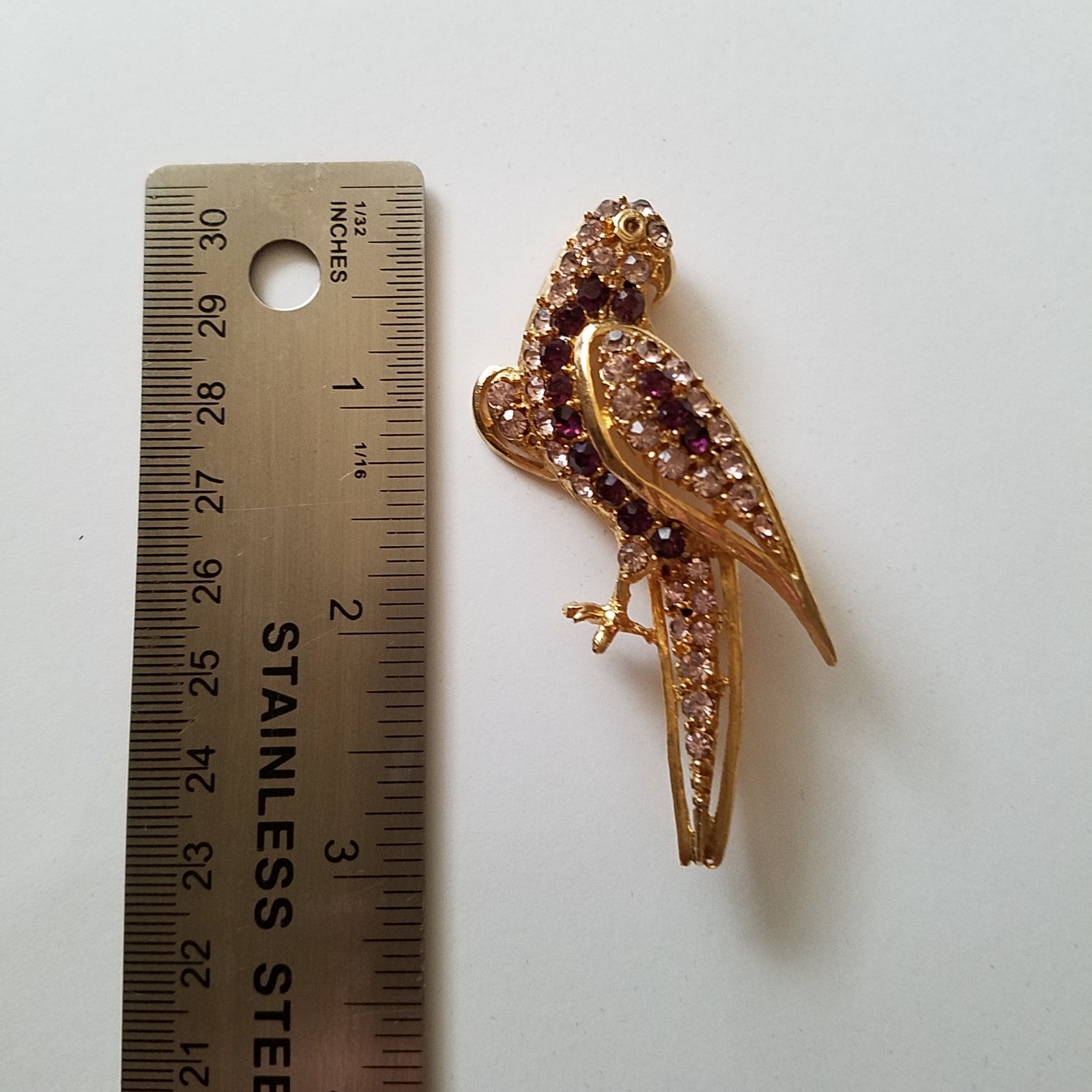 Vintage Pell Purple and Clear Rhinestone Parrot Brooch