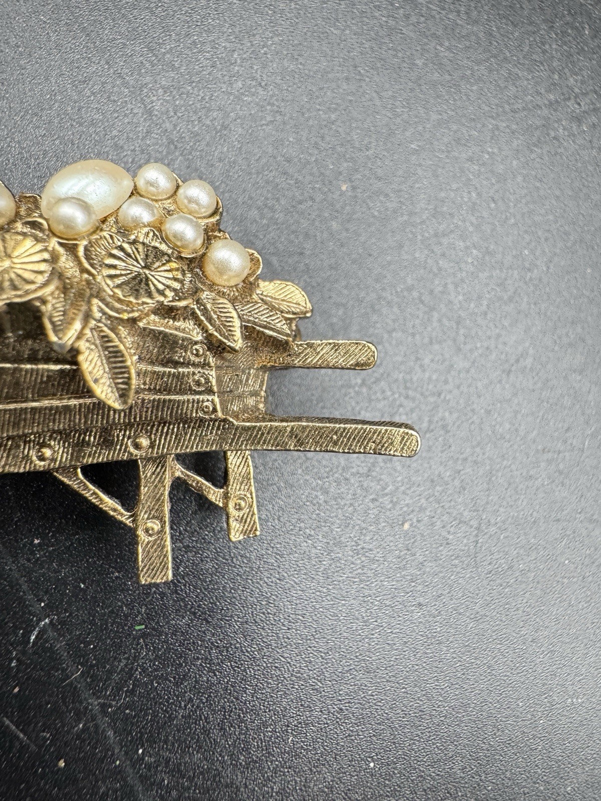 Vintage Flower Cart Brooch Gold Tone Faux Pearl Wheelbarrow Pin Floral