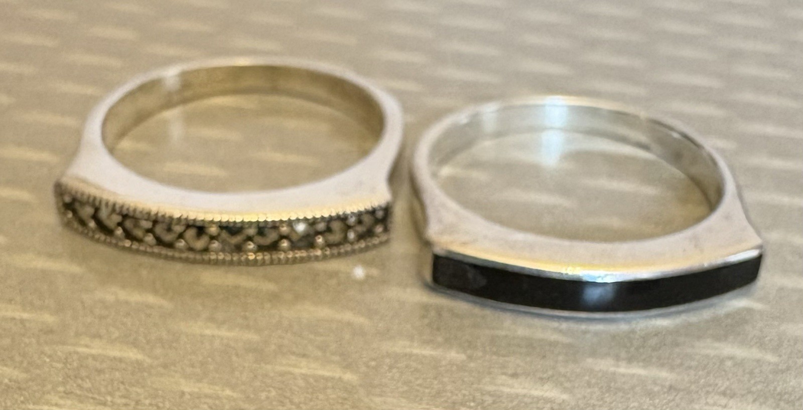 Pair Stackable Sterling Silver Band Rings Flat Top Marcasite Black Enamel size 8