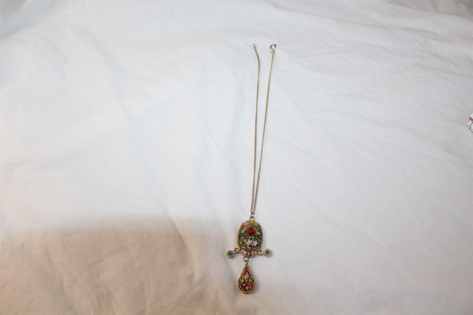 Pendant Necklace Stamped Italy Intricate Multi-Color Stone Shell Inlay Vintage