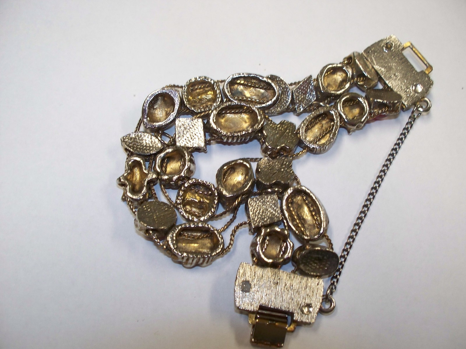 Vintage Faux Jewel Slide Double Row Charm Bracelet Cameo Amethyst Rhinestones