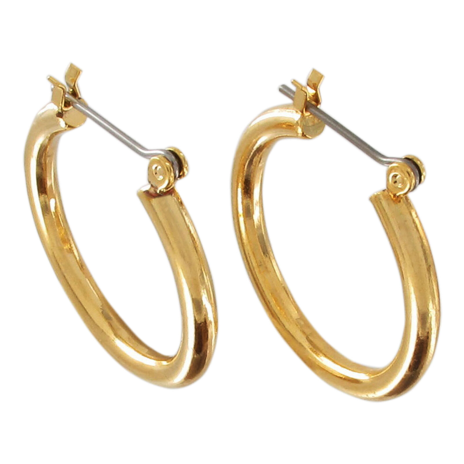 Gold Tone Solid Plain Simple Small Hoop Earrings Pierced Snap Down 7/8″