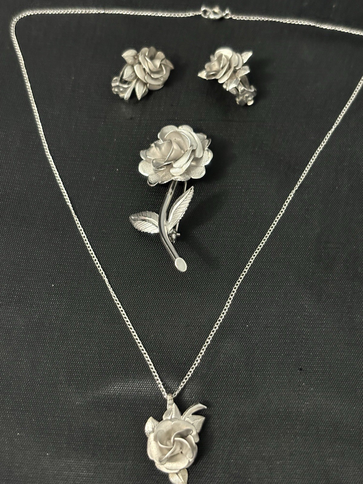 Vintage Sterling Silver AC Necklace Earring Brooch Set Flowers Dimi Parur Sign