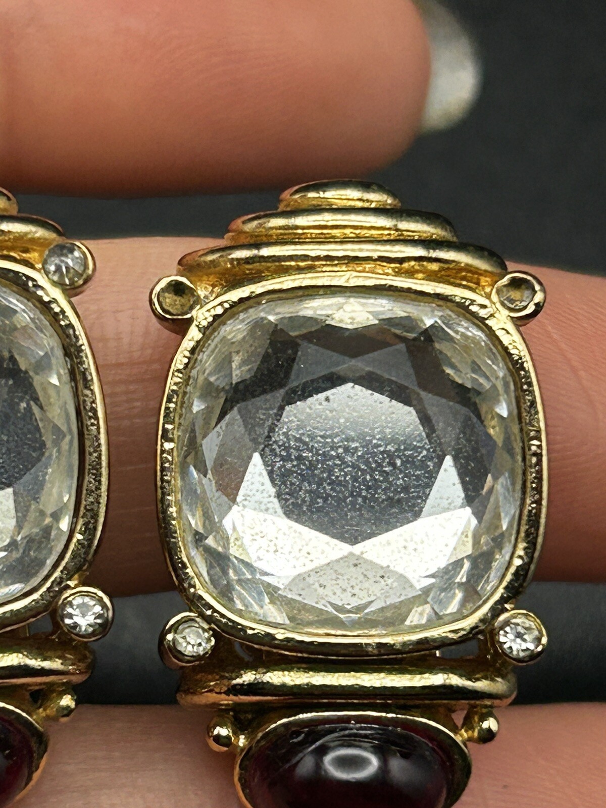 Orena Paris Signed French Vintage Crystal Faux Ruby Enamel Clip On Earrings